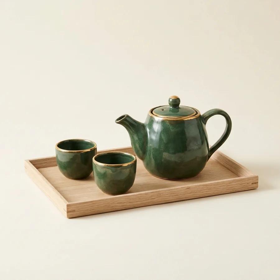 竹林旁木質茶席與陶杯